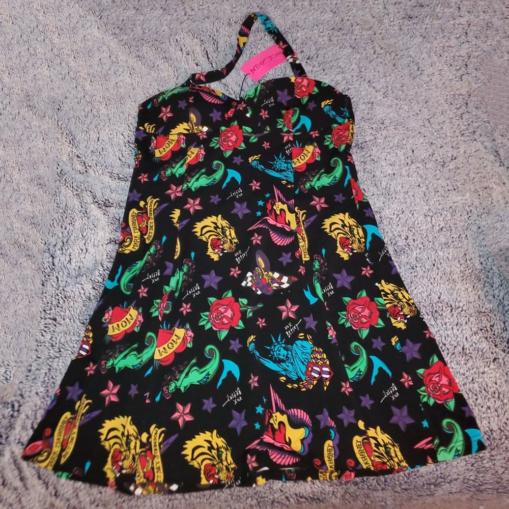 Betsey Johnson 80th Bash Tattoo Sweetheart Halter Trapeze Dress, Size XXL NWT - Picture 4 of 7